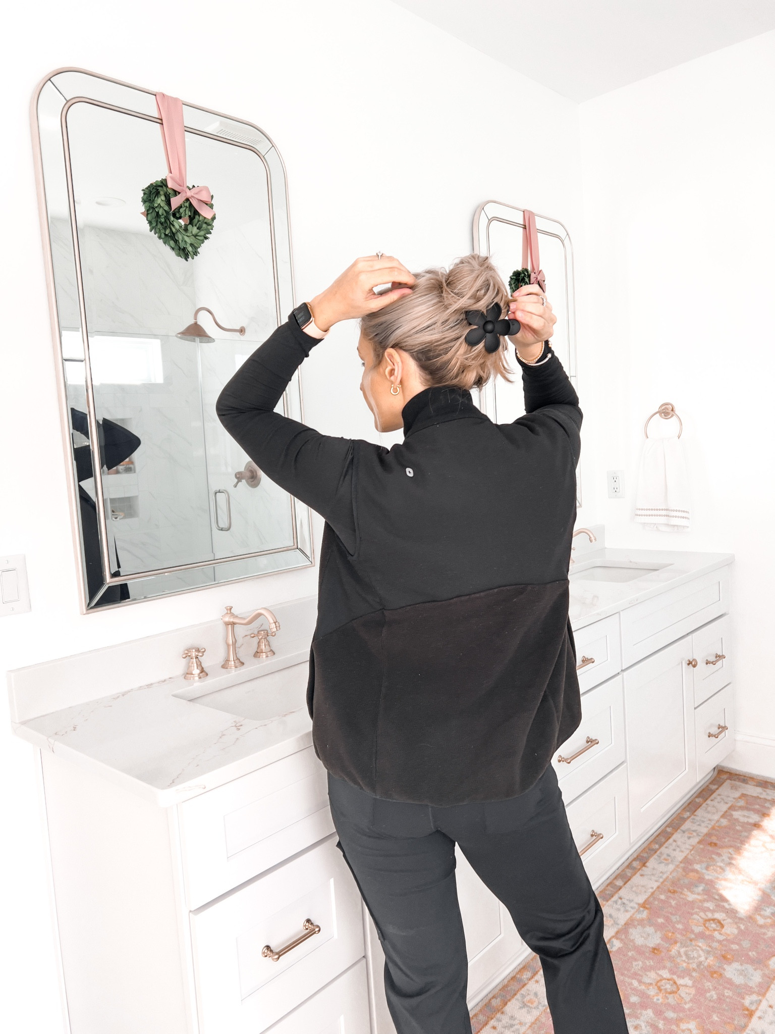 loving these flower claw clips! just shared a quick updo using them
scrubs
Black scrubs
Black vest
Fleece vest
Underscrub long sleeve shirt
Vanity mirror
Heart boxwood wreath