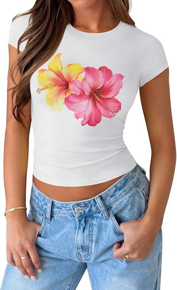 ZESICA Womens 2025 Summer Short Sleeve Crop Tops Crewneck Graphic Baby Tees Y2K Slim Fit Basic Sh... | Amazon (US)