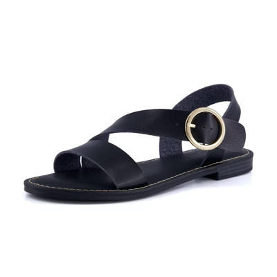 CUSHIONAIRE Lisbon Strappy Flat Sandals for Women 2025 with Adjustable Ankle Strap and Stylish Bold Buckle Accent Dressy Sandals, BLACK 7.5 | Target