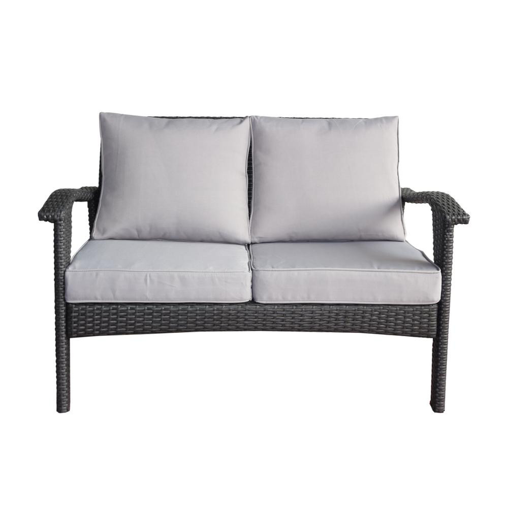 Noble House Honolulu Grey Wicker Outdoor Loveseat with Silver Cushions | The Home Depot