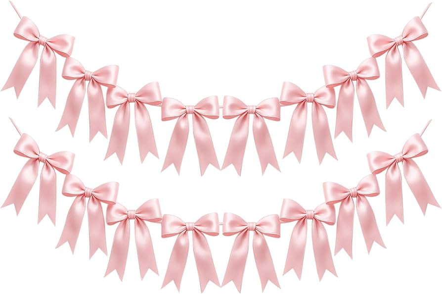 2 Strings of 16PCS Pink Bow Garlands Banner Decoration,Pre-Strung Satin Ribbon Ornaments for Birt... | Amazon (US)