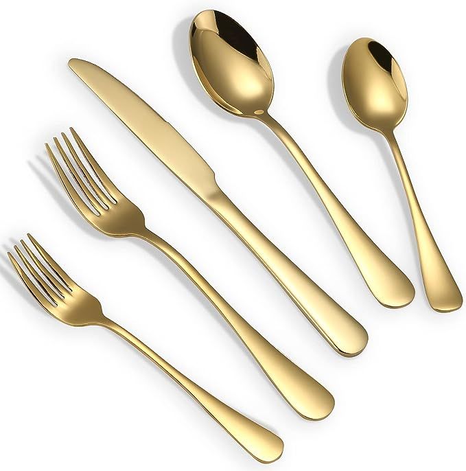 Briout Gold Silverware Set, 20 Piece Golden Cutlery Set Service for 4, Stainless Steel Flatware S... | Amazon (US)