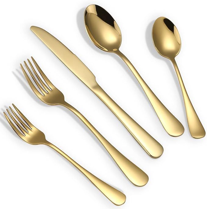 Briout Gold Silverware Set, 20 Piece Golden Cutlery Set Service for 4, Stainless Steel Flatware S... | Amazon (US)