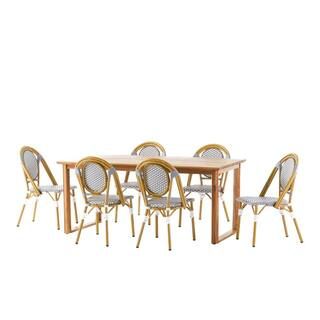 Conifer 7-Piece Bamboo Print/Teak/Bamboo Leg Wood and Wicker Outdoor Dining Set | The Home Depot