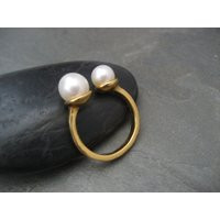 Twin Pearl Ring - Solid Sterling Silver With 18K Gold Plating & 2 Genuine Cultured Pearls | Etsy (US)