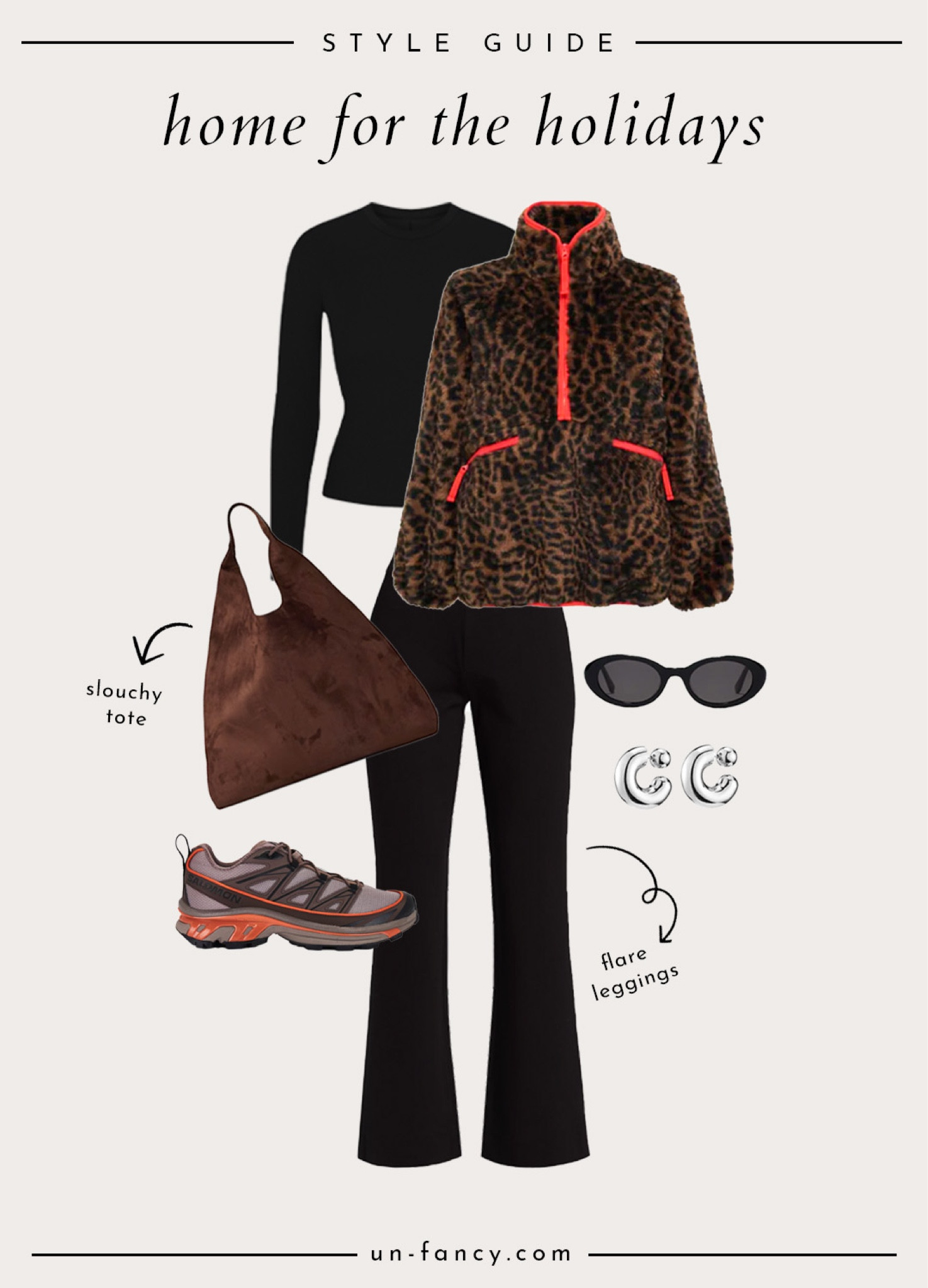 Comfy cute winter outfit featuring a leopard fleece, flare leggings, and hiking sneakers