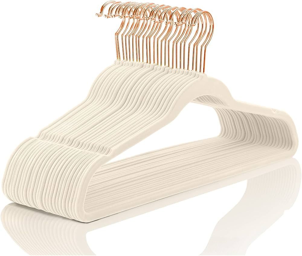 MIZGI Premium Velvet Hangers (50 Pack) Heavyduty - Non Slip Felt Hangers - Velvet Suit Hangers Iv... | Amazon (US)