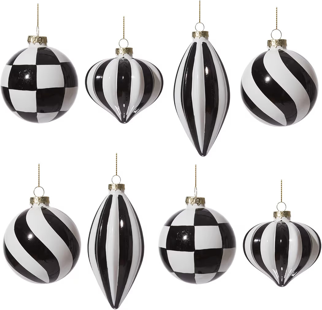 WDS WONDROUS Christmas Ornaments Black and White, 8 Pcs Christmas Ball Glass Buffalo Plaid, Vinta... | Amazon (US)
