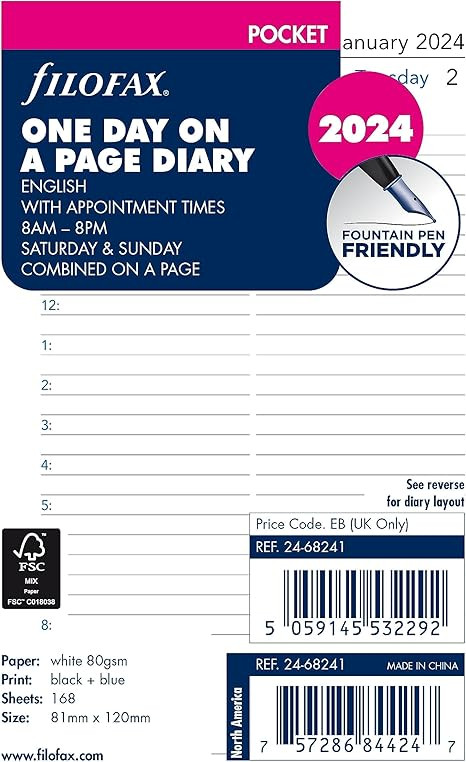 Filofax Calendar Diary Refill, Pocket Size, Day on One Page with Appointments, Ruled, White Paper... | Amazon (US)