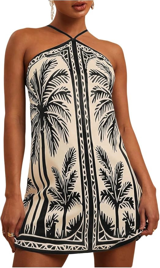 MakeMeChic Women's Tropical Print Halter Neck Dress Summer Tie Backless Spaghetti Strap Boho Shor... | Amazon (US)