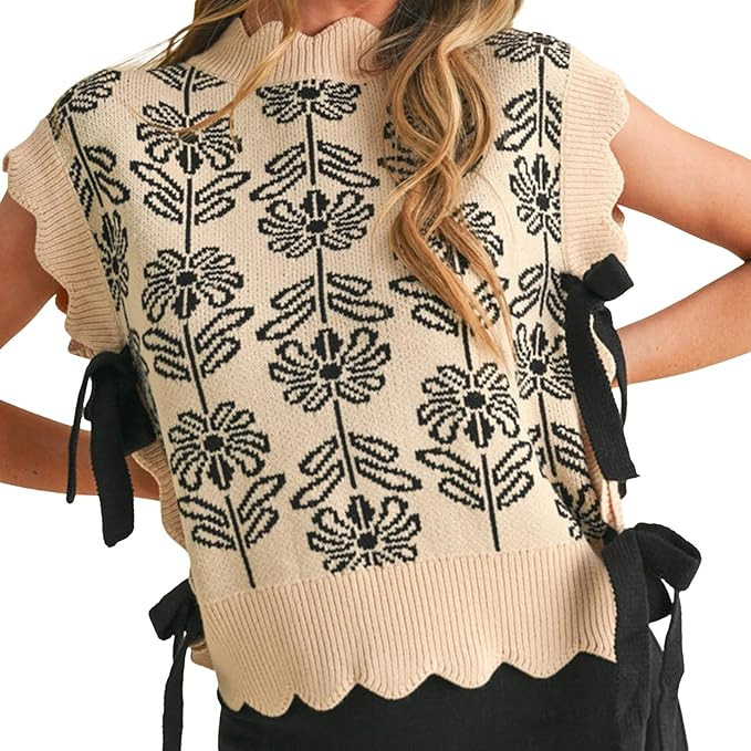 Womens Floral Sweater Vest Side Tie-up Cap Sleeve Crew Neck Knit Tank Top Loose Spring Fall Summe... | Amazon (US)
