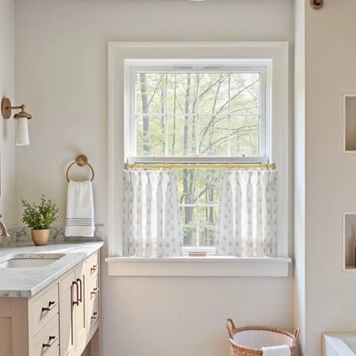 Stefana Silber Print Linen Pleated Cafe Curtains - Large Block Print Fog L118 | TWOPAGES