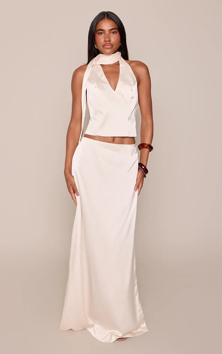 Oyster White Satin Maxi Skirt Co-ord | PrettyLittleThing UK