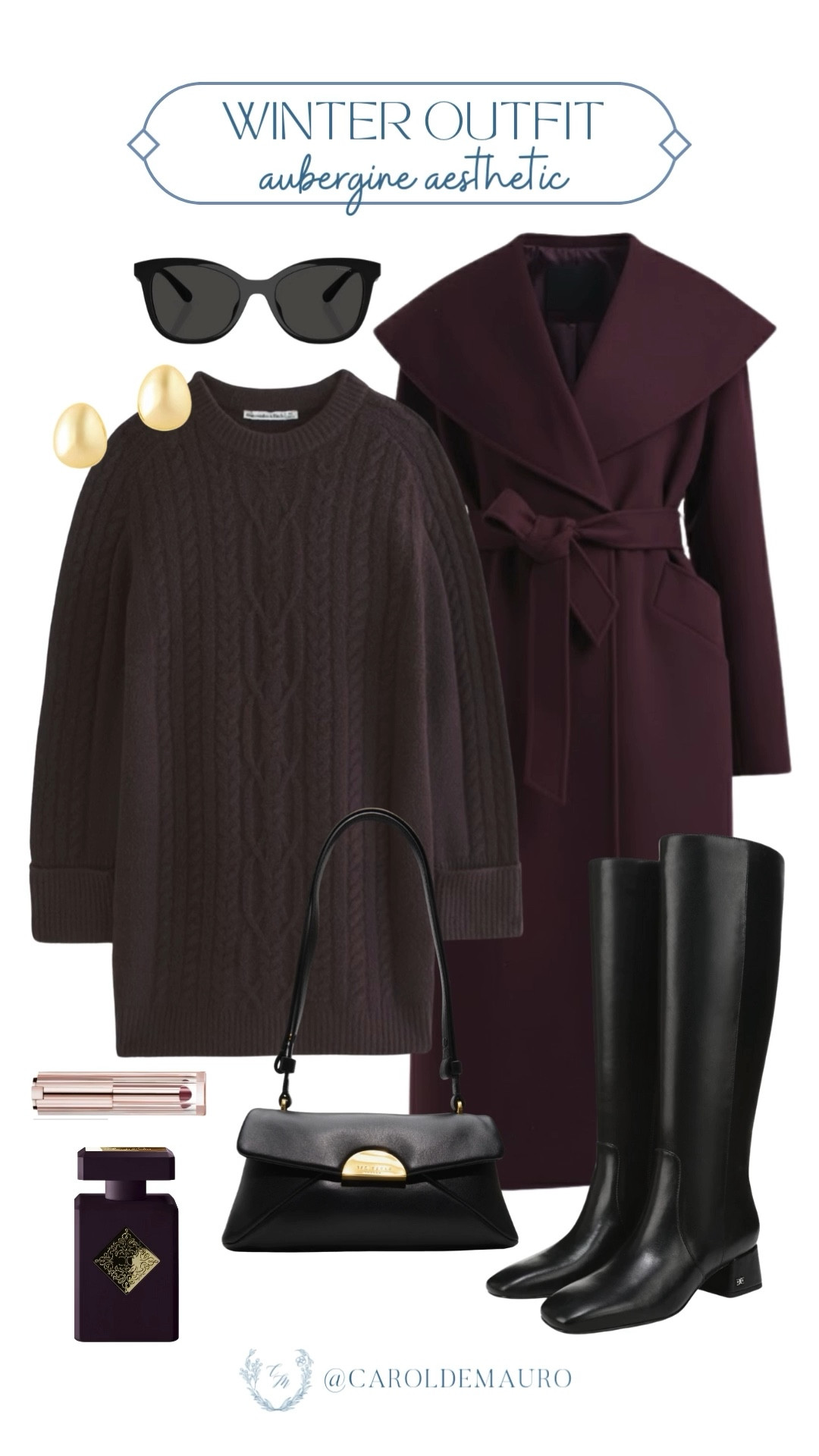 Stay effortlessly chic this winter by layering this rich aubergine wrap coat over a textured cable-knit sweater dress! Complete your sophisticated look with sleek black knee-high boots, a structured shoulder bag, and a pair of classic black sunglasses.

winter outfit, fashion inspo, elegant style, classic look, preppy style, weekend vibes, vacation inspo, clean girl

#LTKFindsUnder50 #LTKU #LTKSeasonal