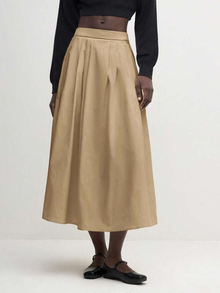 BizChic 2025 Summer New Style Khaki Waist Pleated Flared Skirt, Women Business Casual Daily Commute Elegant Beach Vacation Outfit, Suitable For Wedding Guests, Country Music Festival, Brunch, Airport | SHEIN