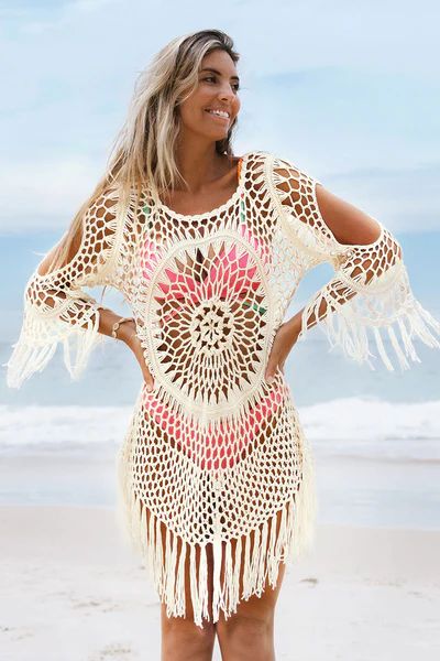 Desirae White Crochet Tassel Cover-up Dress | Cupshe