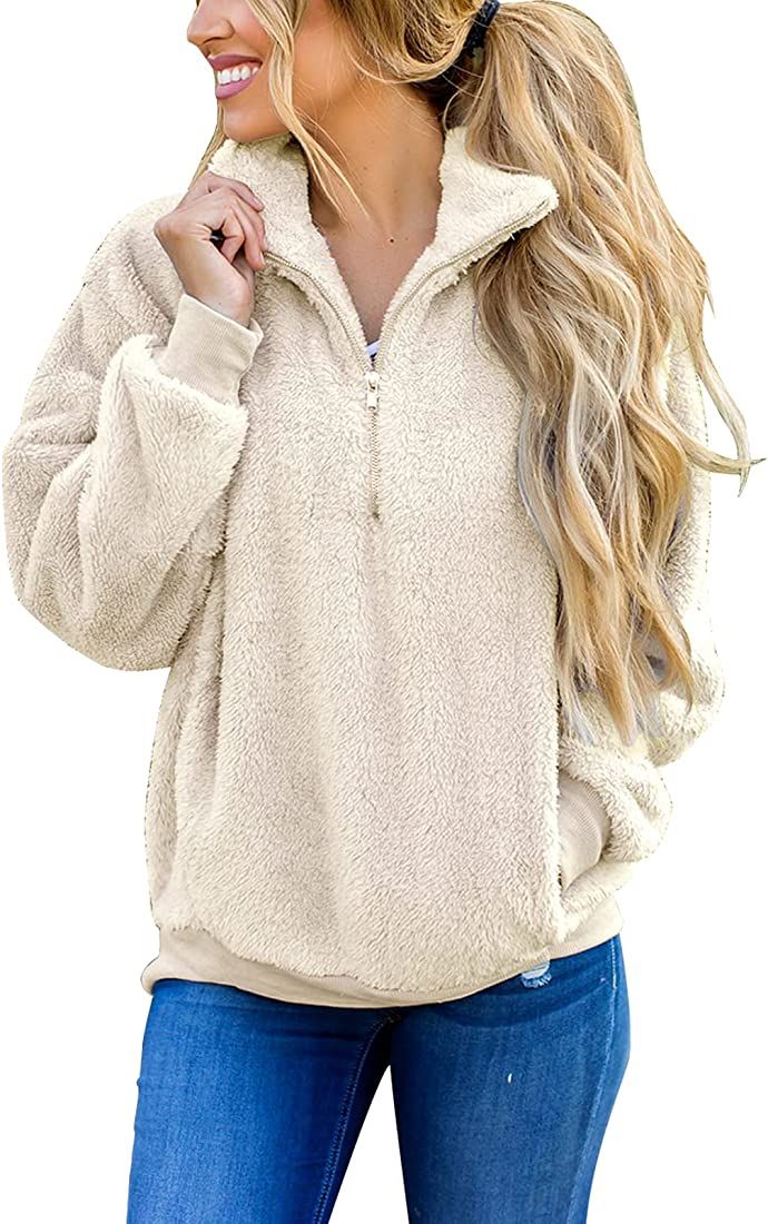 MEROKEETY Women's Long Sleeve Contrast Color Zipper Sherpa Pile Pullover Tops Fleece Sweatshirt | Amazon (US)