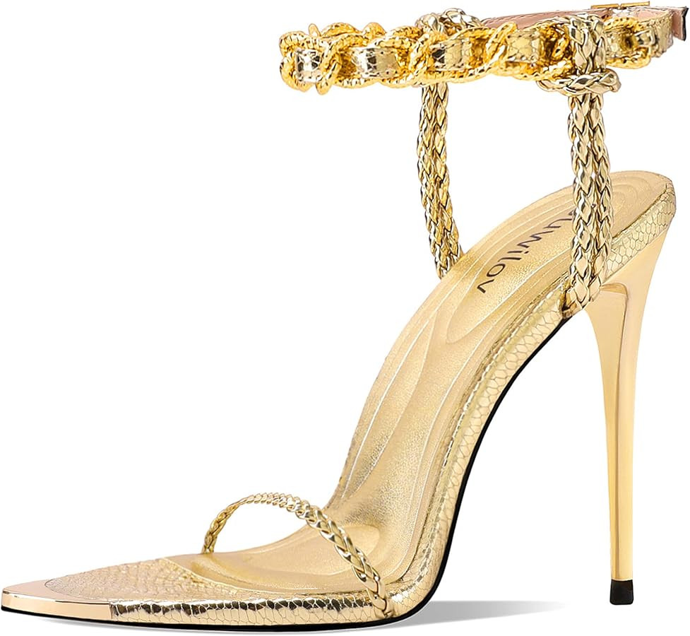 Gold Strappy Stiletto Heels for Women Metallic Ankle Strap Open Toe High Heel Sandals Elegant Dre... | Amazon (US)