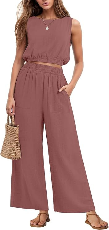 GRECERELLE Two Piece Sets for Women Sleeveless Crop Top Wide Leg Pants Sweat Set for Women Tracks... | Amazon (US)