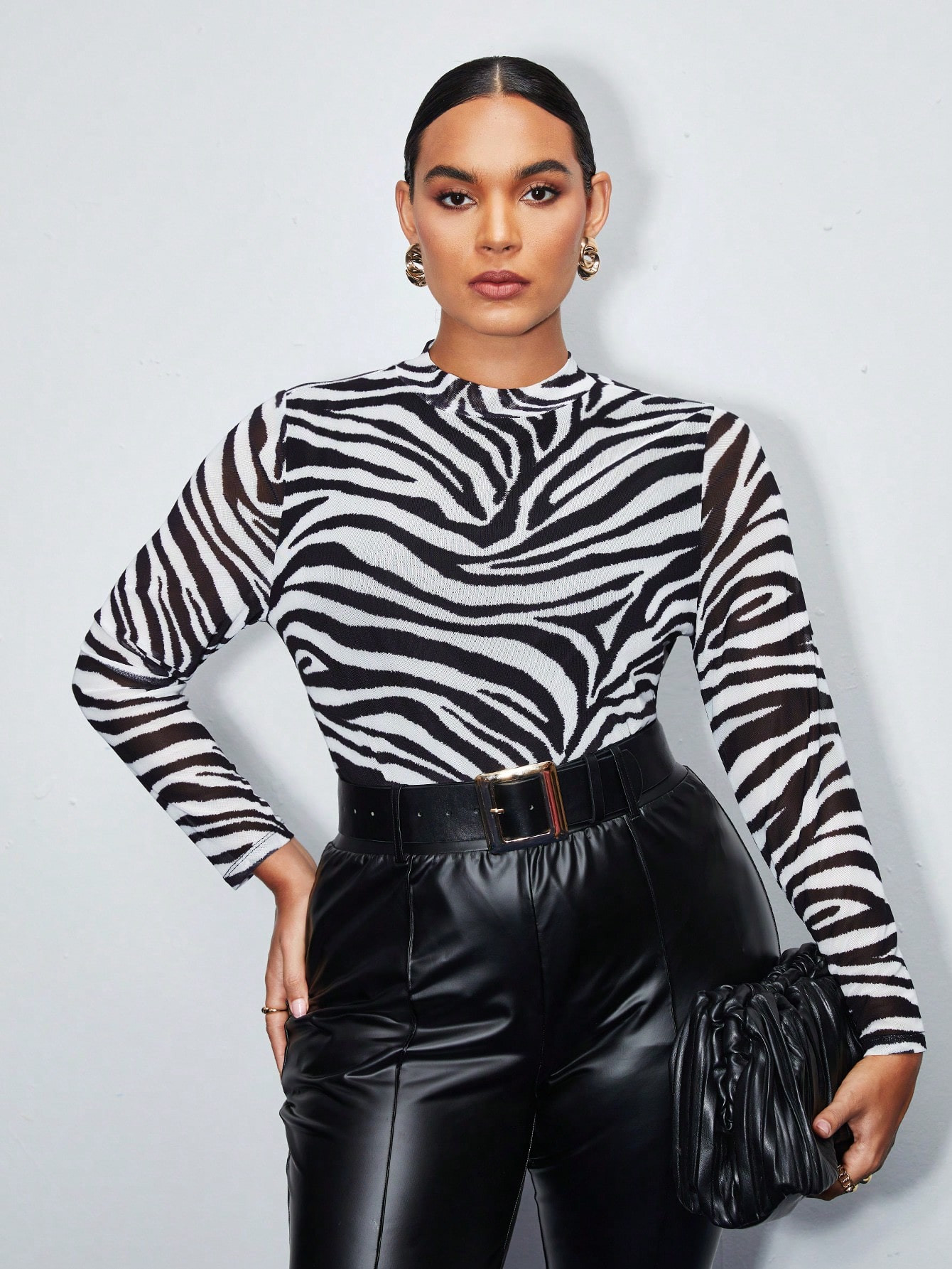 SHEIN BIZwear Plus Size Black And White Zebra Print Mock Neck T-Shirt | SHEIN USA | SHEIN