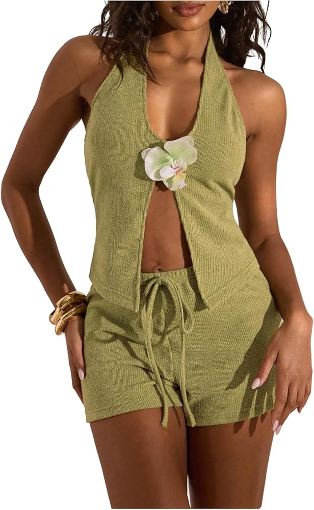 GORGLITTER Women's 2 Two Piece Summer Beaach Vacation Outfits Flower Backless Halter Tops and Hig... | Amazon (US)