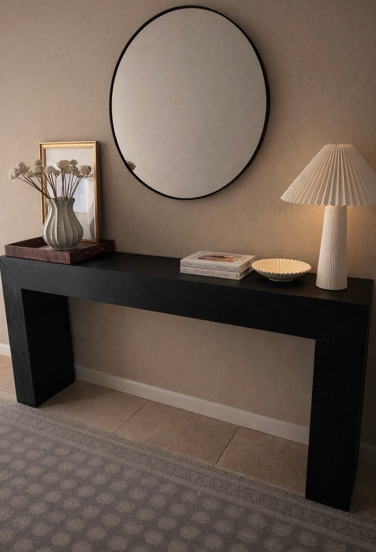 ✨Working on my new console table setup and had to share! 
The lamp is in stock and under $50, the wall mirror is super affordable, the trending vase + lamp are from the new collection, and my viral look-alike long console table is back and shipping again!🖤

#LTKSeasonal #LTKHome