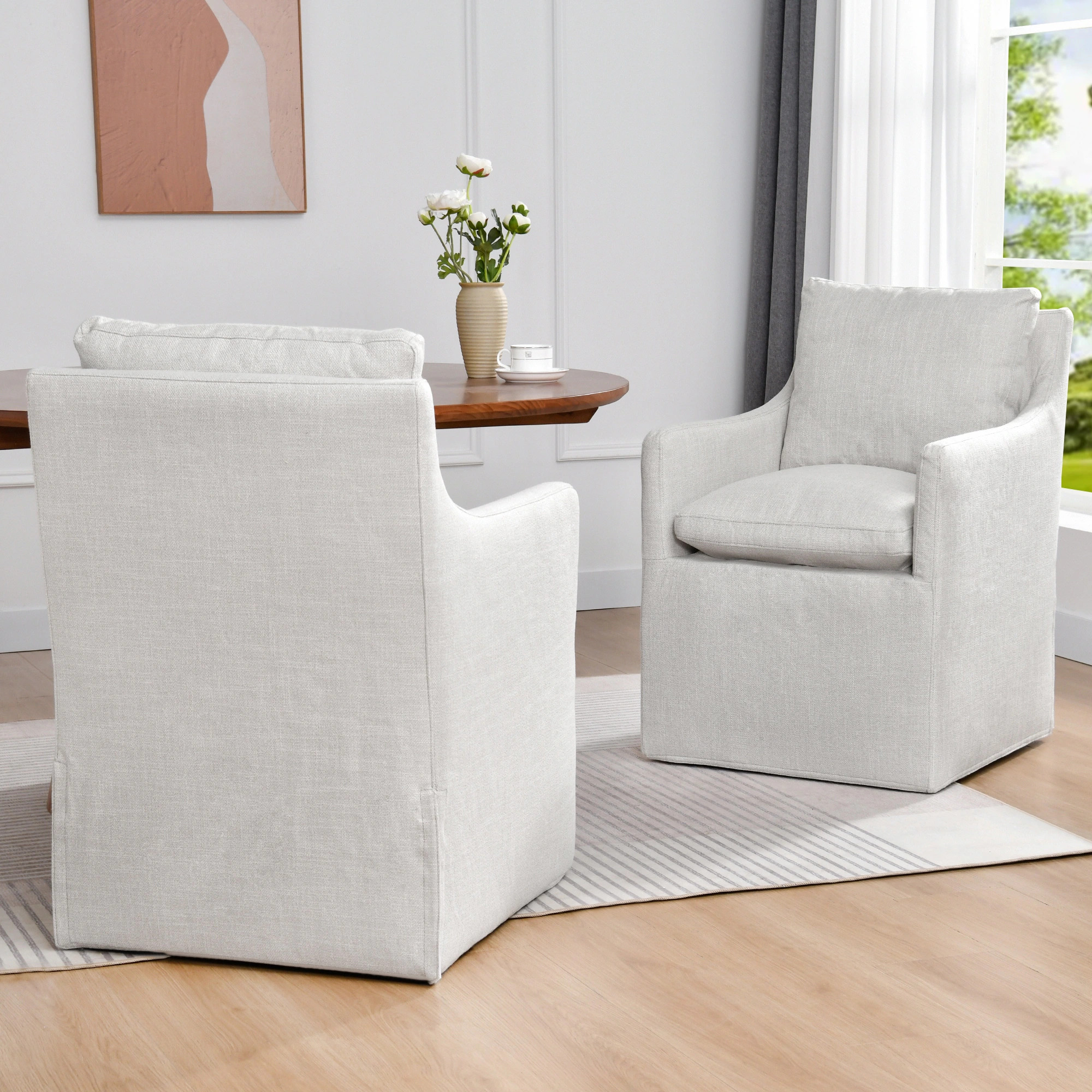 Linen 25" Upholstered Swiveling Rolling Chairs with Casters - Set of 2 - Armrest-Cream | Overstock