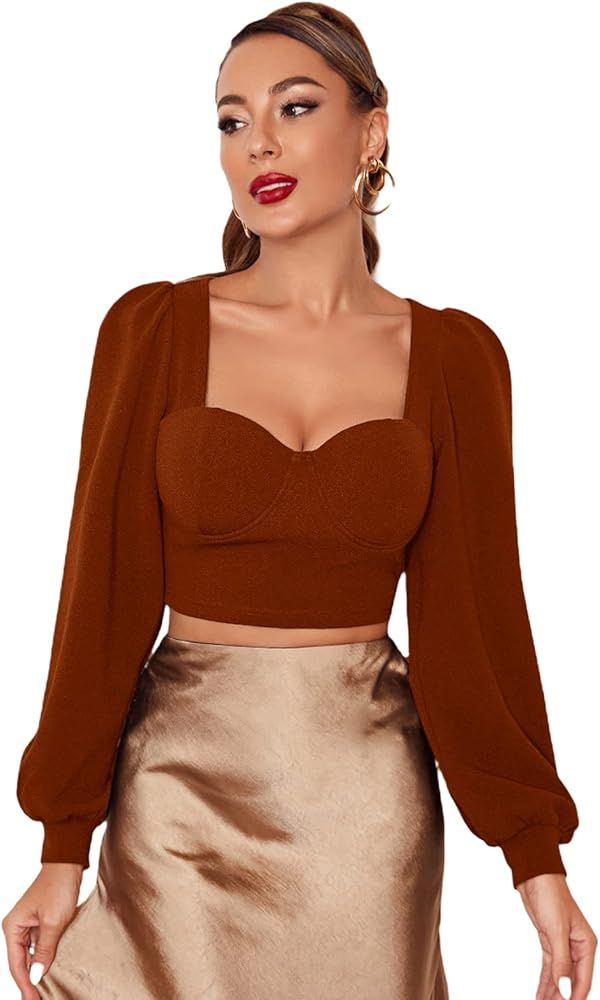 SheIn Women's Elegant Sweetheart Neck Lantern Long Sleeve Solid Crop Top Blouse | Amazon (US)