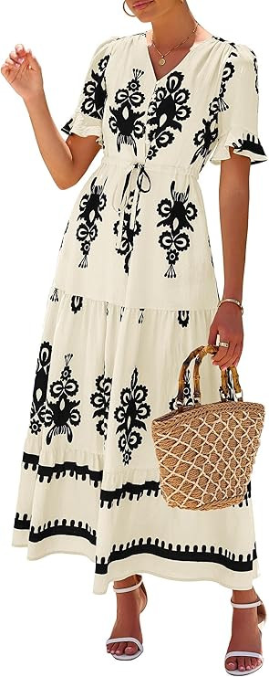 Lazysmile Summer Dresses for Women Short Sleeve V Neck Floral Drawstring Flowy A Line Boho Maxi D... | Amazon (US)