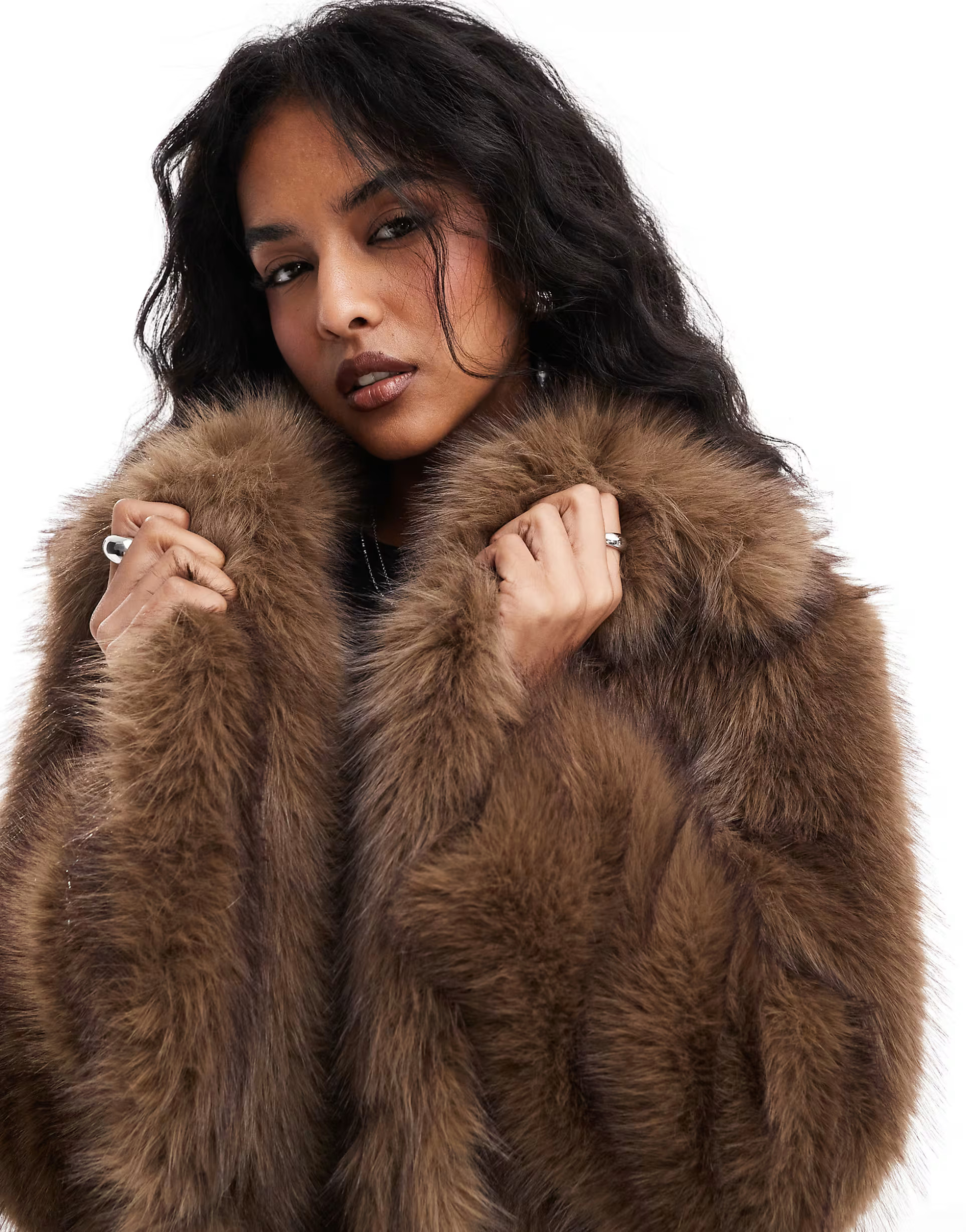 Stradivarius longline faux fur coat in brown | ASOS (Global)