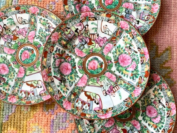 Pair of 8" Famille Rose Medallion Plates - Vintage Rose Famille - Verte Famille - Chinoiserie - P... | Etsy (US)