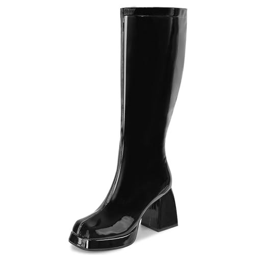 SOVANYOU Black Boots for Women Black Gogo Boots of the 70s Disco Boots Patent Black Knee High Boots Square Toe Chunky High Heeled Tall Boots | Amazon (US)