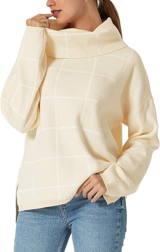 2021 Fall Sweaters for Women Turtleneck Knit Sweater Long Sleeves Pullover Plaid Side Split Check... | Amazon (US)