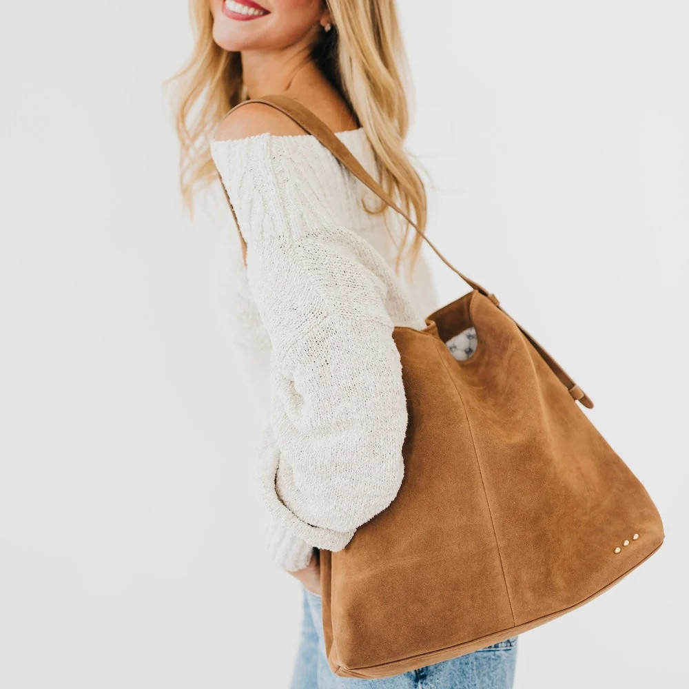 Evie Suede Hobo Shoulder Bag Camel | Pretty Simple