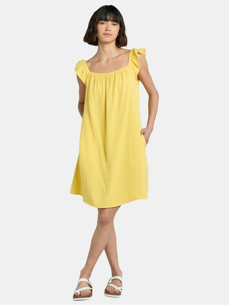 Time and Tru Women's Double Cloth Cotton Mini Dress with Flutter Sleeves, Sizes XS-XXXL - Walmart... | Walmart (US)