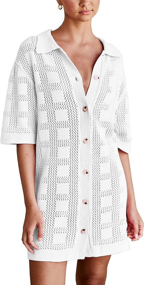 Lumister Summer Knit Shirt Dress for Women Crochet Button Front Shirt Dress Cover Up Bathing Suit... | Amazon (US)