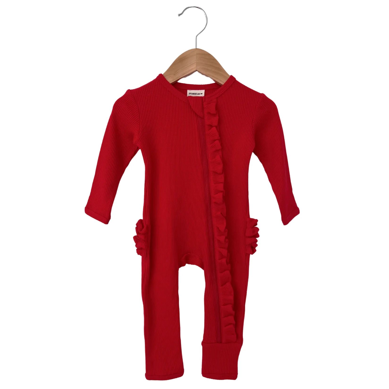 Organic Waffle Ruffle Zip Romper, Red | SpearmintLOVE