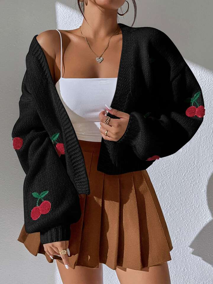 SHEIN Qutie Cherry Embroidery Lantern Sleeve Cardigan4.94(1000+) | SHEIN