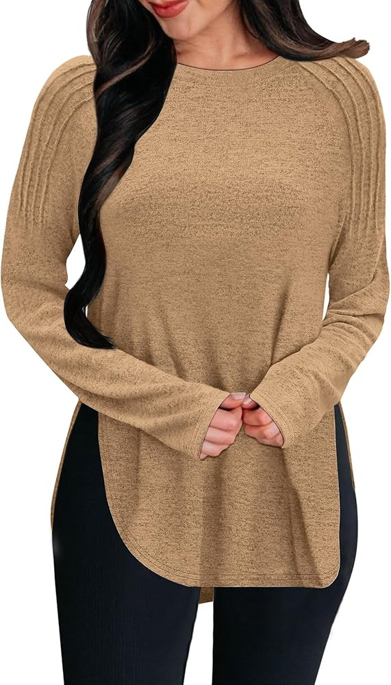 Womens Long Sleeve T Shirts Trendy 2025 Crew Neck Lightweight Sweaters Pleated Side Split Fall To... | Amazon (US)