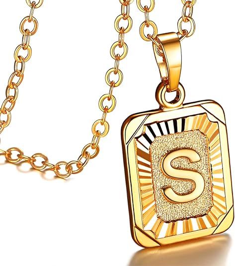 FOCALOOK Initial Letter Pendant Necklace Mens Womens Square Capital Letter Platinum/Yellow Gold P... | Amazon (US)