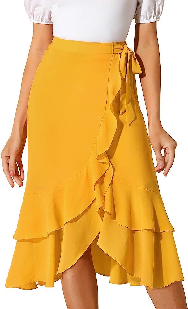Allegra K Women's Ruffle Chiffon Tie Waist High Low Asymmetrical Summer Midi Skirt | Amazon (US)