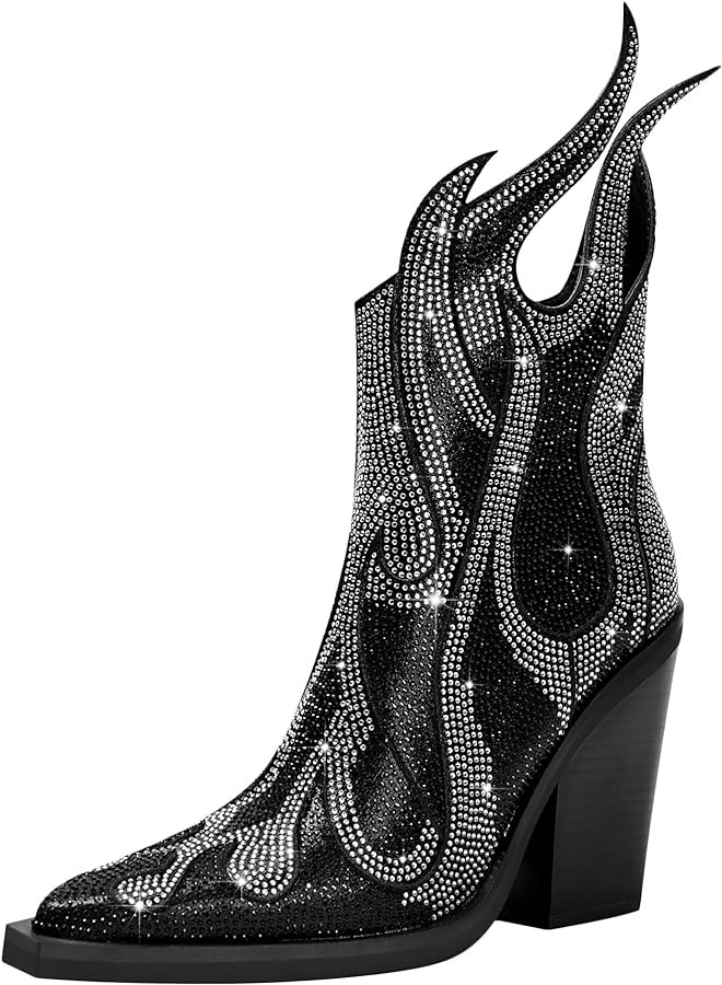 Women's Rhinestone Flame Pointed Toe Block Chunky Heeled Boots Fashion Sparkly Cowboy Ankle Booti... | Amazon (US)