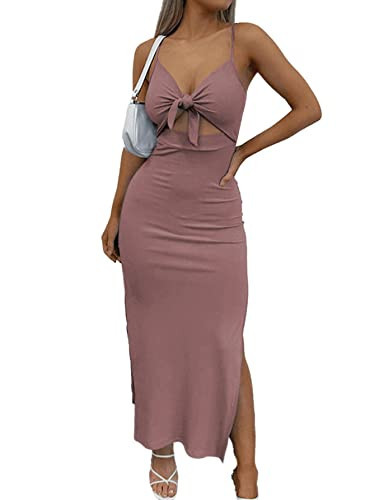 LYANER Women's Tie Knot Cut Out Side Split Hem Sleeveless Knit Bodycon Maxi Dresses Dusty Pink X-Small | Amazon (US)