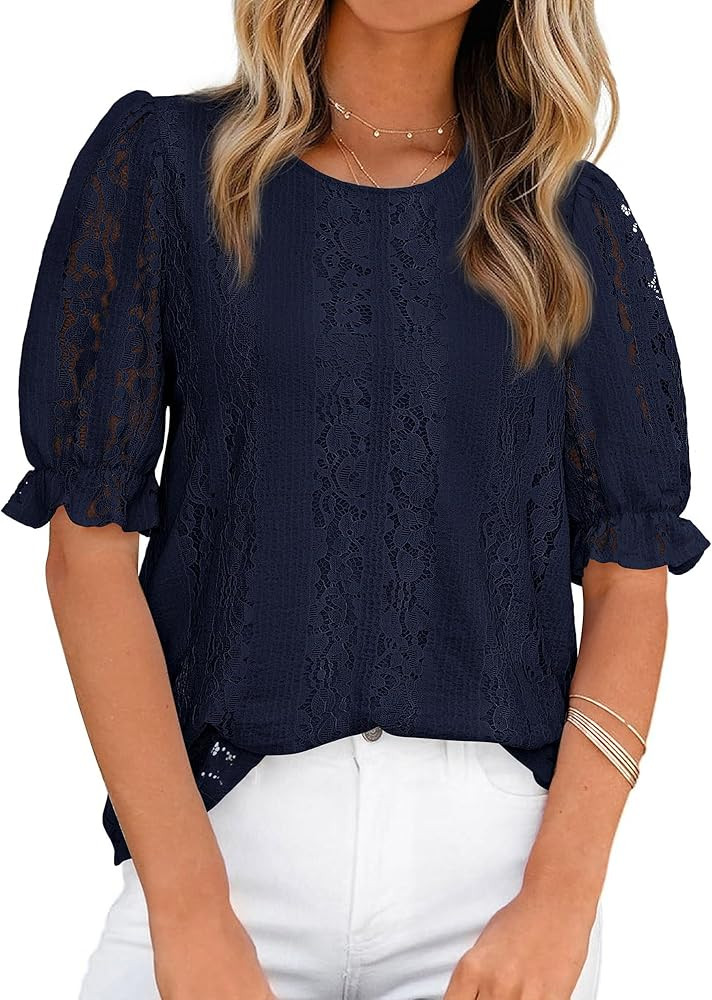 KIRUNDO Lace Tops for Women 2026 Dressy Floral Summer Shirts Puff Short Sleeve Spring Blouse Casu... | Amazon (US)