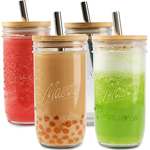 Mason 4 Pack Reusable Tea Cups, Glass Jars 24oz Wide Mouth Smoothie Cups with Bamboo Lids and Silver Straws, Drinking Glass Bubble Tea Cups for Iced Coffee Travel Bottle | Amazon (US)
