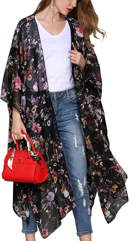 Hibluco Women's Long Floral Kimono Printed Cardigan Sheer Swimsuit Cover Ups | Amazon (US)