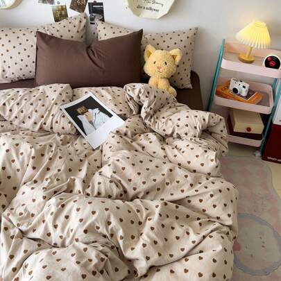 3/4pcs Heart Shaped Bedding Set, Brown Color Dirt-Resistant Bedding Set Suitable For Men, Women, Teens And Children, Modern Simple Heart Print Polyest | SHEIN