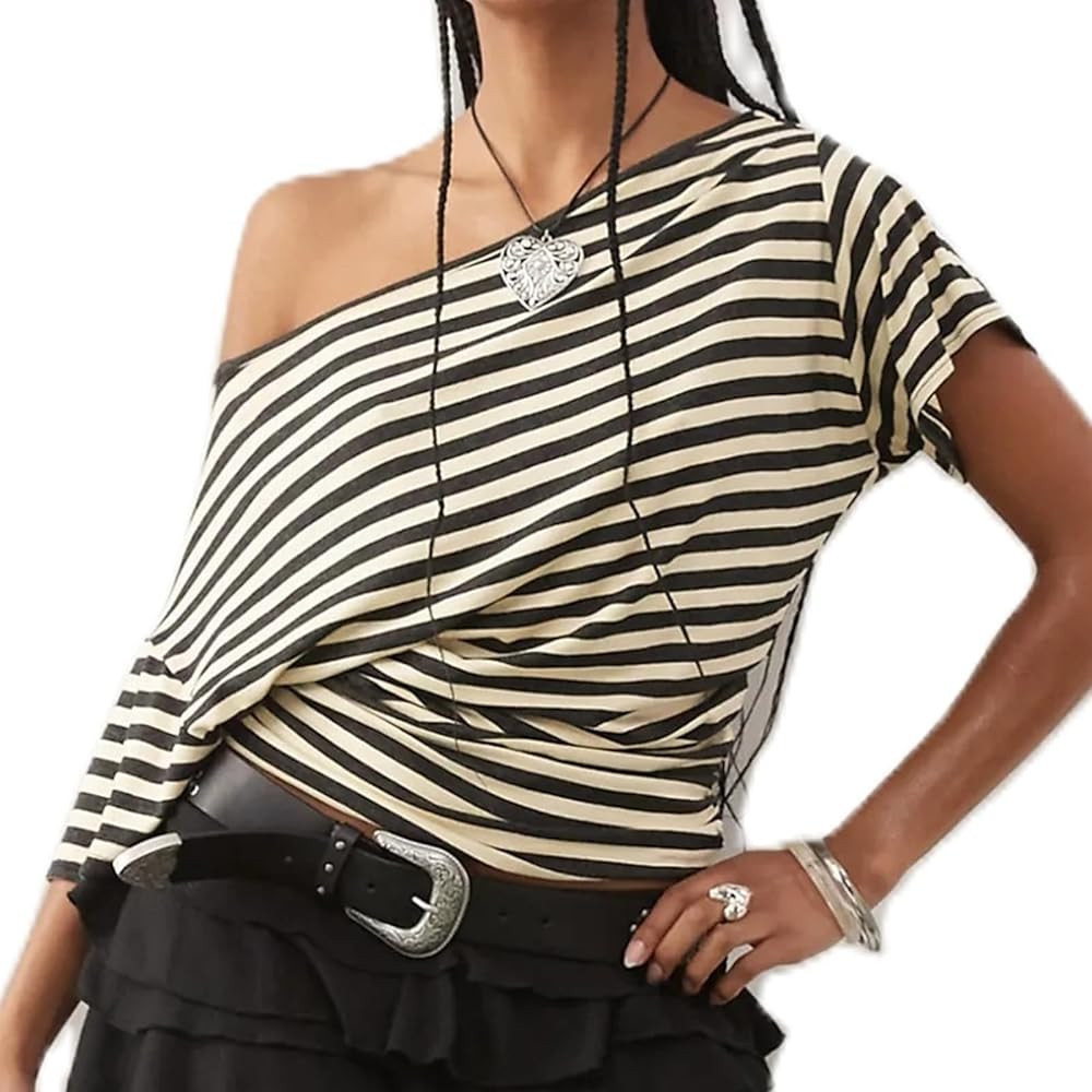 Women Off The Shoulder Tops Y2K Striped Short Sleeve Oversized T-Shirt Dolman Ruched Tees Summer ... | Amazon (US)