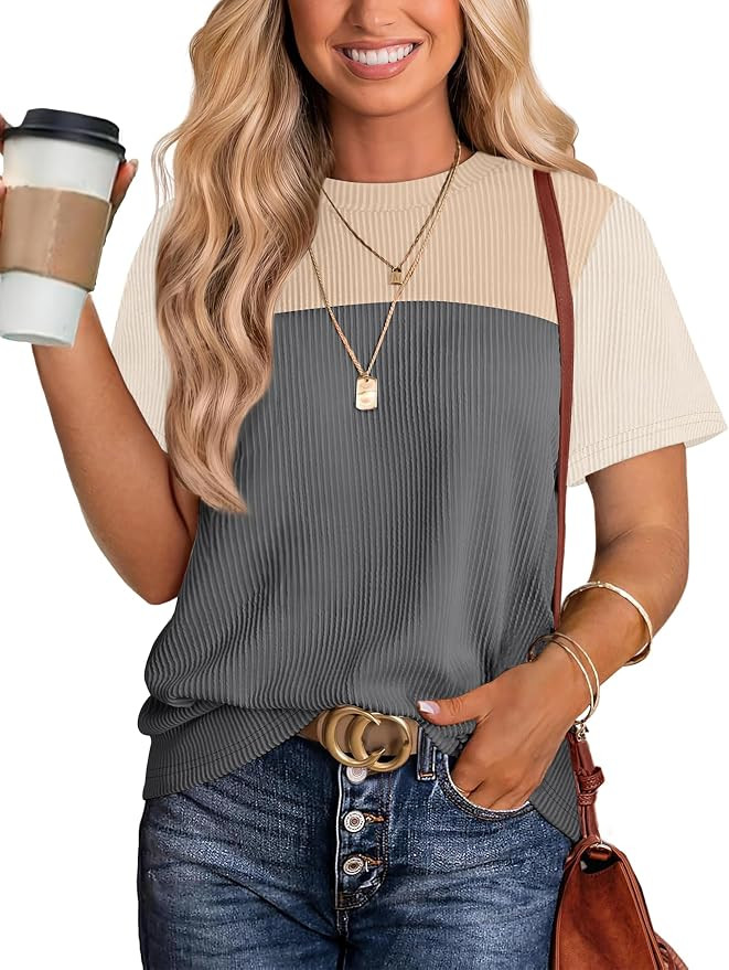 WIHOLL Womens Fashion 2026 Color Block Shirts Short Sleeve Knitted Summer Fall Tops Casual Trendy | Amazon (US)