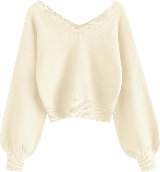 ZAFUL Women's Cropped Sweater V-Neck Long Sleeve Pullover Jumper Knit Top | Amazon (US)